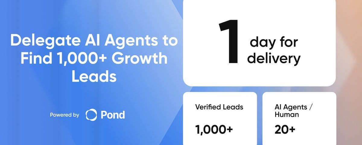 Delegate AI agents to find 1,000+ growth leads, with cards showing one day for delivery, 1,000+ verified leads and 20+ AI agents and humans.